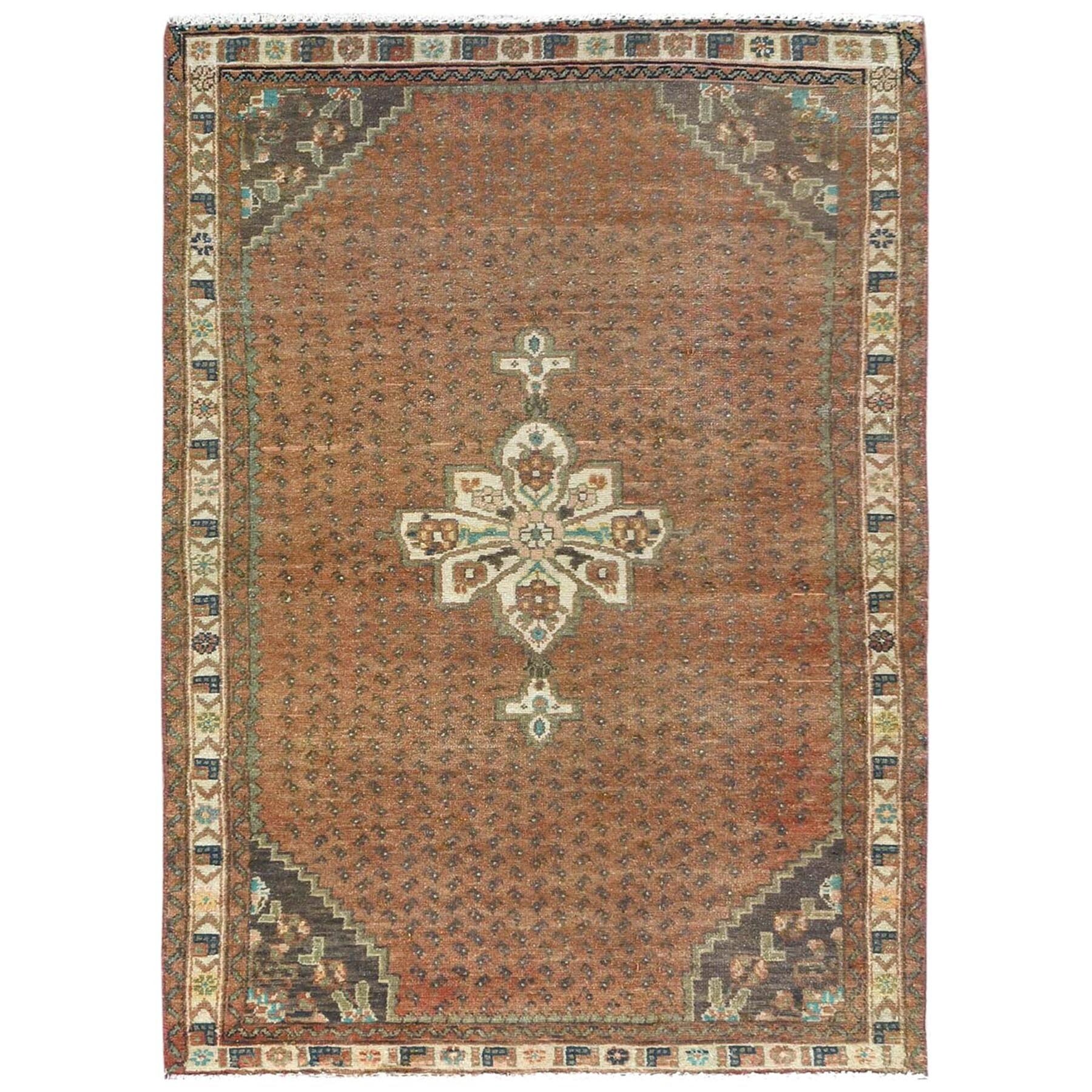 Shahbanu Rugs Honey Brown Vintage Persian Hamadan Small Boteh Design Hand Knotted Pure Wool Cropped Thin Clean Rug (35 X 58)